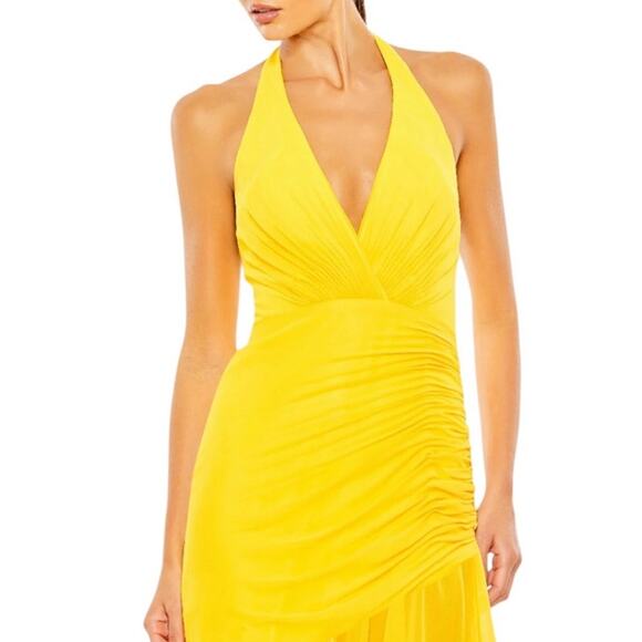 NEW Mac Duggal Size 10 55847 Yellow Asymmetrical Ruffle Hem Halter Strap Dress - Picture 2 of 8